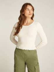 TOMMY JEANS Koszulka w kolorze kremowym rozmiar: S. Brązowe bluzki damskie Tommy Jeans, s, bez wzorów, z jeansu, bez kołnierzyka, bez ramiączek. Za 131.74 zł.