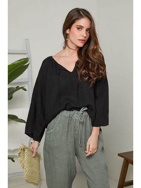 Rodier Lin Lniana bluzka w kolorze czarnym rozmiar: L/XL. Czarne bluzki damskie Rodier Lin, l, bez wzorów, ze lnu, bez kołnierzyka, bez ramiączek. Za 145.60 zł.