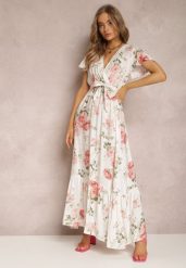 Biała Sukienka w Kwiaty o Kopertowym Kroju z Wiązanym Paskiem Iphene. Białe sukienki damskie Renee, bez wzorów, eleganckie, bez ramiączek. W wyprzedaży za 67.99 zł.