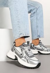 Biało-Srebrne Sneakersy na Grubej Podeszwie z Siateczką Olirase. Białe obuwie sportowe damskie Born2be, z jeansu, bez zapięcia. Za 99.99 zł.