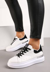 Biało-Czarne Sneakersy na Platformie z Metaliczną Wstawką i Brokatowymi Sznurówkami Wuriana. Białe obuwie sportowe damskie Born2be, bez zapięcia. Za 84.99 zł.