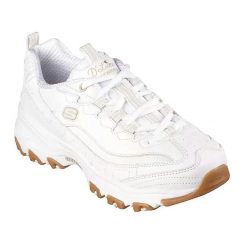 Buty Kobieta Skechers D´Lites biały. Białe obuwie trekkingowe damskie Skechers, z materiału, bez zapięcia. Za 263.99 zł.