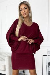 Nietoperzowa Sukienka z Brokatem - Bordowa z brokatem. Czerwone sukienki damskie NUMOCO, bez wzorów, z elastanu, wizytowe, bez ramiączek. Za 179.90 zł.