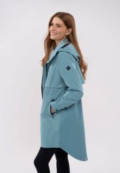 Płaszcz przejściowy J-BOLONIA. Niebieskie płaszcze damskie Volcano, na wiosnę, plus size, bez wzorów, z materiału, z kapturem. Za 329.99 zł.