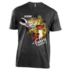 Koszulka wędkarska Jaxon Nature Sandacz. Czarne bluzki damskie JAXON, xl, bez wzorów, bez kołnierzyka, bez ramiączek. Za 69.99 zł.