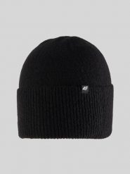 4F Czapka zimowa damska - czarna Uniwersalny. Czarne czapki damskie 4F, na zimę, z aplikacjami, z dzianiny. Za 49.99 zł.