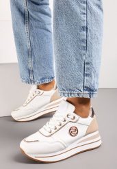 Biało-Szampańskie Sneakersy z Okrągłą Naszywką i Platformą Viliera. Białe obuwie sportowe damskie Renee, z jeansu, bez zapięcia. Za 109.99 zł.