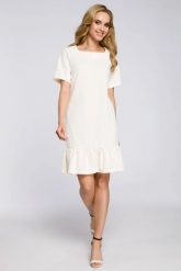 Sukienka dzianinowa trapezowa z falbaną na dole ecru. Sukienki damskie MOE, bez wzorów, z dzianiny, biznesowe, bez ramiączek. Za 79.00 zł.