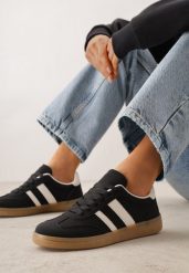 Czarne Sneakersy na Kauczukowej Podeszwie z Geometrycznym Motywem Vikioria. Czarne obuwie sportowe damskie Born2be, z dresówki, bez zapięcia. Za 89.99 zł.