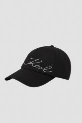 KARL LAGERFELD Czarna czapka K/signature Rhnstn. Czarne czapki z daszkiem damskie KARL LAGERFELD, bez wzorów, z bawełny. W wyprzedaży za 189.99 zł.