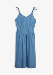 Sukienka jeansowa. Niebieskie sukienki damskie bonprix, bez wzorów, z denimu, bez ramiączek. Za 64.99 zł.