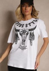 Biała Koszulka T-shirt Bawełniany z Ozdobnym Nadrukiem Napene. Białe bluzki damskie Renee, l, bez wzorów, z bawełny, bez kołnierzyka. Za 34.99 zł.
