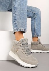 Szare Sneakersy z Ekozamszu z Futrzaną Wyściółką Etaylla. Szare obuwie sportowe damskie Renee, na zimę, z futra, bez zapięcia. Za 99.99 zł.