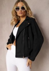 Czarna Asymetryczna Kurtka Ramoneska z Imitacji Zamszu Kmiya. Czarne kurtki damskie Renee, l, bez wzorów, bez kaptura. Za 129.99 zł.