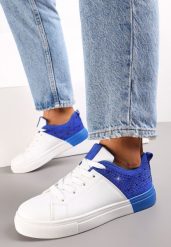 Biało-Niebieskie Sneakersy Sznurowane na Płaskiej Grubszej Podeszwie z Cyrkoniami Hanuel. Niebieskie obuwie sportowe casual damskie Renee. Za 49.99 zł.