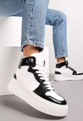 Biało-Czarne Sznurowane Sneakersy za Kostkę z Brokatem i Metalicznymi Wstawkami Sareena. Białe obuwie sportowe damskie Renee, za kostkę, bez zapięcia. Za 49.99 zł.
