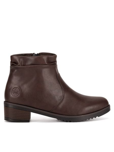 Rieker Botki Y0551-25 Brązowy. Brązowe botki damskie Rieker, z materiału, bez obcasa, na słupku, bez zapięcia. Za 279.99 zł.