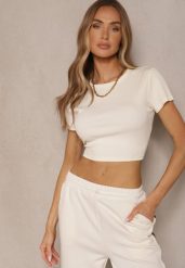 Beżowy T-shirt z Bawełny z Prążkowanego Materiału Aszedi. Brązowe t-shirty damskie Renee, m, bez wzorów, z bawełny, bez kołnierzyka. Za 24.99 zł.