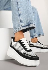 Czarno-Białe Sneakersy na Tłoczonej Platformie z Ozdobnymi Przeszyciami Faloviela. Czarne obuwie sportowe damskie Renee, z jeansu, bez zapięcia. Za 99.99 zł.