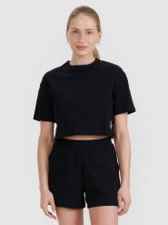 4F T-shirt crop top z waflowej dzianiny damski - czarny XS. Czarne t-shirty damskie 4F, xs, bez wzorów, z bawełny, bez kołnierzyka. W wyprzedaży za 49.99 zł.
