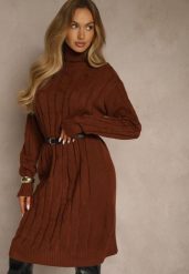 Jasnobrązowa Sukienka Sweterkowa z Golfem Wełną Bawełną i Ozdobnym Splotem Reilenea. Brązowe sukienki damskie Renee, bez wzorów, z bawełny, eleganckie, bez ramiączek. Za 79.99 zł.