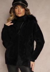 Czarna Bluza z Wełną z Kapturem i Kieszeniami Ozdobiona Futerkiem Siliti. Czarne bluzy damskie Renee, na zimę, l, bez wzorów, z jeansu, z kapturem. Za 159.99 zł.