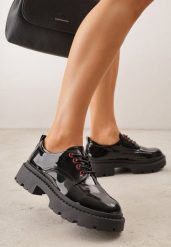 Czarno-Czerwone Eleganckie Półbuty Oksfordki VICES ze Sznurowaniem i Platformą Anatala. Czarne półbuty damskie Renee, bez wzorów, z jeansu, bez obcasa, na platformie, bez zapięcia. Za 99.99 zł.
