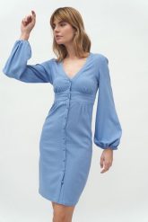 Dopasowana Sukienka na Guziki - Niebieska. Niebieskie sukienki damskie Nife, bez wzorów, z materiału, wizytowe, bez ramiączek. Za 289.90 zł.
