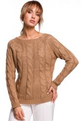 Sweter damski ze splotem typu warkocz beżowy. Brązowe swetry klasyczne damskie Polskie swetry, l, z dzianiny, bez kołnierzyka. Za 239.00 zł.