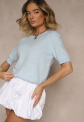 Niebieski Sweter z Wełną Krótkim Rękawem Ozdobiony Ściągaczami Emiralin. Niebieskie swetry klasyczne damskie Renee, uniwersalny, z jeansu, bez kołnierzyka. Za 99.99 zł.
