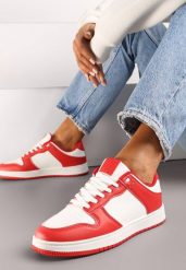 Biało-Czerwone Sznurowane Sneakersy na Płaskiej Podeszwie z Imitacji Skóry Bioriana. Białe obuwie sportowe damskie Renee, ze skóry, bez zapięcia. Za 74.99 zł.