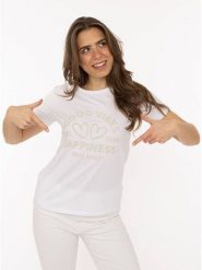 Zwillingsherz Koszulka "Happiness Vibes" w kolorze białym rozmiar: S. Białe koszulki damskie Zwillingsherz, s, bez wzorów, z bawełny, bez kołnierzyka, bez ramiączek. Za 82.99 zł.