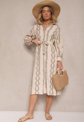 Beżowa Wiskozowa Sukienka o Koszulowym Kroju z Haftem i Wiązanym Paskiem Salliene. Brązowe sukienki damskie Renee, z aplikacjami, z wiskozy, eleganckie, bez ramiączek. W wyprzedaży za 127.99 zł.