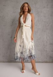 Jasnobeżowa Rozkloszowana Spódnica z Drobnymi Plisami i Kwiatowym Haftem Zephali. Brązowe spódnice damskie Renee, bez wzorów, eleganckie, midi. Za 89.99 zł.