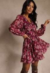 Bordowa Sukienka w Kwiatki o Rozkloszowanym Kroju z Bufiastymi Rękawami Zennea. Czerwone sukienki damskie Renee, bez wzorów, z poliesteru, biznesowe, bez ramiączek. Za 149.99 zł.