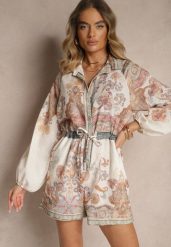 Beżowy Koszulowy Kombinezon z Krótką Nogawką Zdobiony Etnicznym Wzorem Linarelia. Brązowe sukienki damskie Renee, z aplikacjami, eleganckie, bez ramiączek. W wyprzedaży za 118.99 zł.