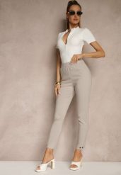 Beżowe Spodnie z Wiskozą High Waist i Ozdobnymi Napami Redaira. Brązowe spodnie materiałowe damskie Renee, z aplikacjami, z jeansu. Za 64.99 zł.