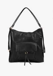 Czarna Torebka Typu Shopper z Regulowaną Rączką i Ozodbną Kieszonką z Klamerką Erilie. Czarne shopper bag Renee, bez wzorów, z materiału, bez dodatków. Za 79.99 zł.