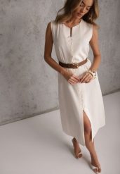 Beżowa Pudełkowa Sukienka z Wiskozą Bawełną Guzikami i Paskiem Magmaris. Brązowe sukienki damskie Renee, bez wzorów, z bawełny, biznesowe, bez ramiączek. Za 139.99 zł.