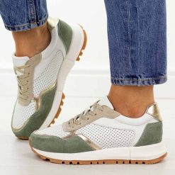 Złoto oliwkowe skórzane sneakersy damskie Jezzi 17-02. Żółte obuwie sportowe damskie Jezzi, na jesień, z dresówki, bez zapięcia, trekkingowe. Za 259.00 zł.