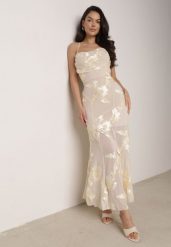 Beżowa Koktajlowa Sukienka Siateczkowa z Odkrytymi Plecami z Wiązaniem Cezelle. Brązowe sukienki damskie Born2be, z aplikacjami, z materiału, eleganckie, bez ramiączek. Za 199.99 zł.