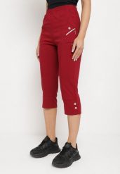 Bordowe Spodnie 3/4 z Elastyczną Gumką w Pasie i Suwakami Leazira. Czerwone spodnie materiałowe damskie Born2be, bez wzorów, z jeansu. Za 44.99 zł.