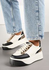 Biało-Czarne Sneakersy na Grubej Podeszwie z Printem w Panterkę Fonarria. Białe obuwie sportowe damskie Born2be, z jeansu, bez zapięcia. Za 99.99 zł.
