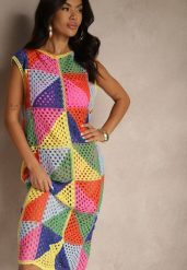 Różowo-Żółta Pudełkowa Ażurowa Sukienka z Bawełny w Geometryczny Wzór Tilianela. Czerwone sukienki damskie Renee, w ażurowe wzory, z bawełny, eleganckie, bez ramiączek. W wyprzedaży za 135.99 zł.
