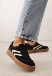 Czarne Sneakersy Retro Tenisówki z Naturalnego Zamszu ze Skórzaną Wkładką Beralene. Czarne obuwie sportowe casual damskie Renee, z koronki, bez zapięcia. Za 189.99 zł.