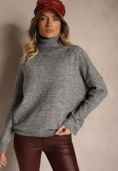 Szary Casualowy Golf z Wełną i Wiskozą Rinlia. Szare golfy damskie Renee, z aplikacjami, z jeansu, bez ramiączek. Za 84.99 zł.