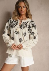 Beżowa Bluzka Oversize z Bawełny z Ornamentnym Wzorem Nilindea. Brązowe bluzki damskie Renee, l, bez wzorów, z bawełny, eleganckie, bez kołnierzyka, bez ramiączek. Za 119.99 zł.