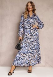 Granatowo-Niebieska Rozkloszowana Sukienka Koszulowa w Fantazyjny Print Alendia. Niebieskie sukienki damskie Renee, bez wzorów, bez ramiączek. W wyprzedaży za 127.99 zł.