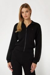 GUESS Czarna bluza damska z lampasami New Allie Scuba. Czarne bluzy damskie Guess, m, z aplikacjami, z materiału, bez kaptura. W wyprzedaży za 217.99 zł.