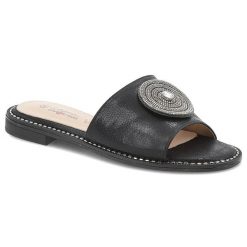 Klapki damskie S. Barski, eleganckie z eko skóry na płaskim obcasie ze sprzączką, czarne, KV51-013. Czarne klapki damskie S.BARSKI, bez wzorów, ze skóry, bez obcasa, na płaskiej podeszwie, bez zapięcia. Za 109.00 zł.